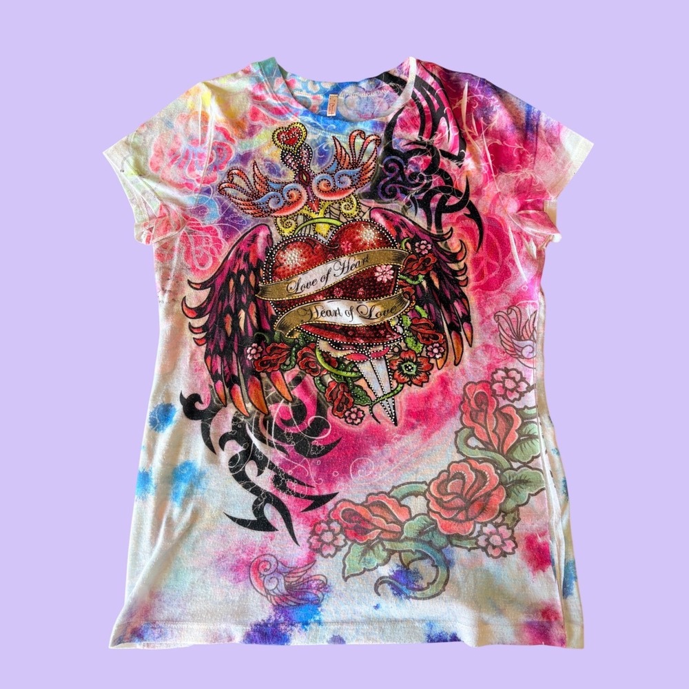 Y2K Love Heart Tattoo Graphic Rhinestone Tie Dye Tee Scene Grunge #17